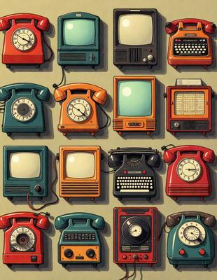 The primary subject of the image is a collection of various old-fashioned telephones, each with a different design and color. The setting is a collage of these phones, showcasing their unique features. The visual style is a combination of illustration and digital art, as the phones are depicted in a detailed and artistic manner. The colors and mood of the image are nostalgic and vintage, as the phones evoke a sense of the past and the evolution of communication technology.